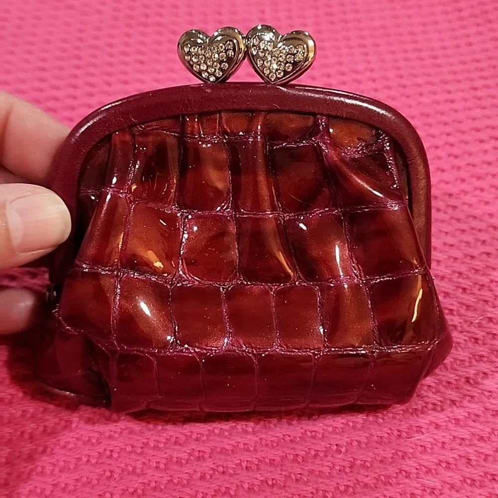 Brighton Crystal Kiss Lock Burgundy Croc Embossed Patent Leather Coin Purse